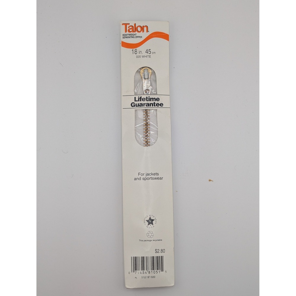Vintage Talon Heavyweight Separating Metal Zipper 18 in. White Style 512 NOS‎